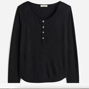 Madewell Top Waffle Knit Scoopneck Henley Long Sleeve Tee Jet Black NWT Medium